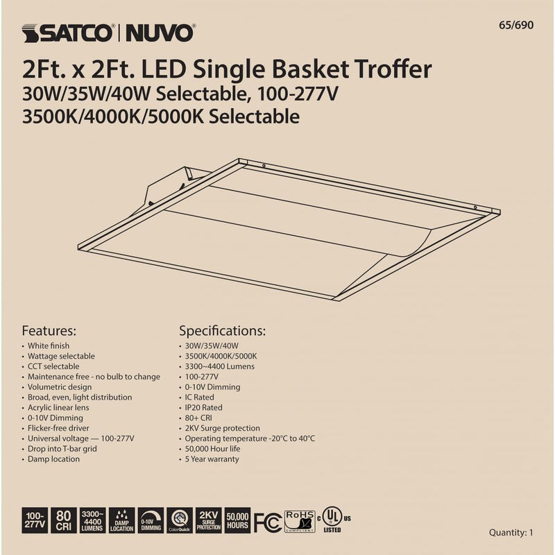 LED 2X2 Single Basket LED Troffer Fixture; Wattage Selectable; CCT Selectable; Lumens Selectable; 100-277V - Green Lighting Wholesale
