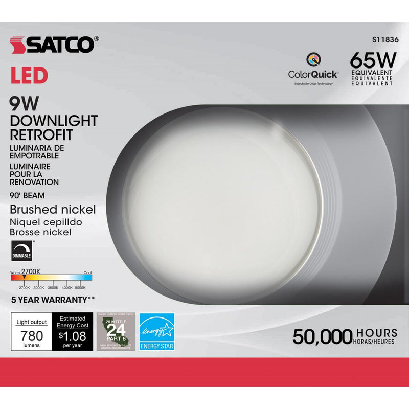 9 Watt; LED Downlight Retrofit; 5 Inch - 6 Inch; CCT Selectable; 120 volts; Dimmable; Brushed Nickel Finish - Green Lighting Wholesale