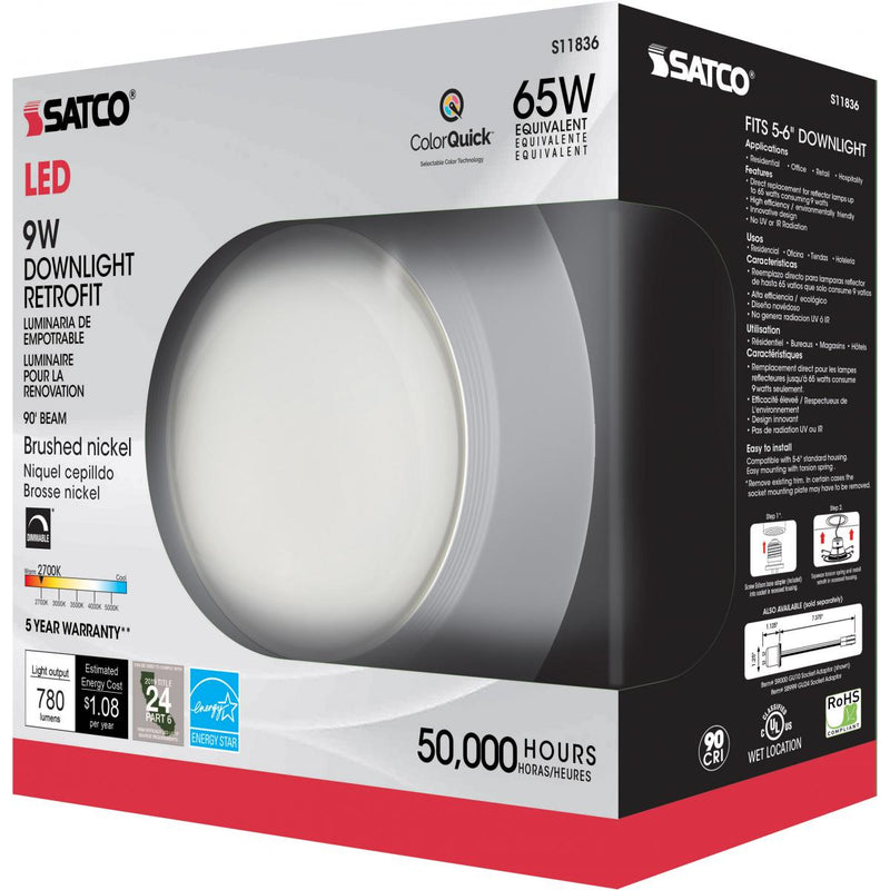 9 Watt; LED Downlight Retrofit; 5 Inch - 6 Inch; CCT Selectable; 120 volts; Dimmable; Brushed Nickel Finish - Green Lighting Wholesale