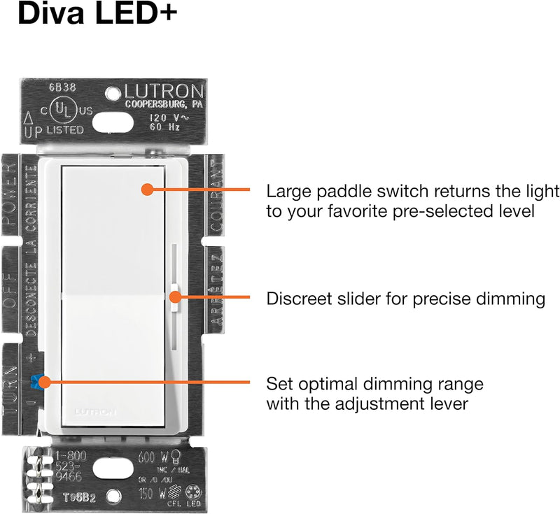 Lutron Diva LED+ Dimmer Switch with Wallplate, 150-Watt/Single-Pole or 3-Way in White - Green Lighting Wholesale
