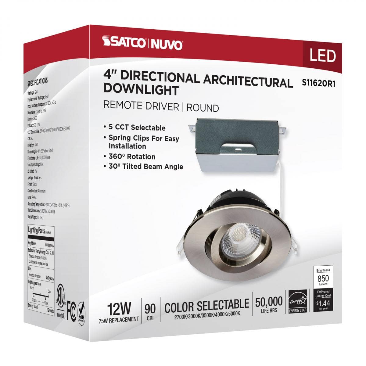 12 Watt LED Direct Wire Downlight; Gimbaled; 4 Inch; CCT Selectable; Round; Remote Driver; Brushed Nickel Finish; 850 Lumens - Green Lighting Wholesale, INC