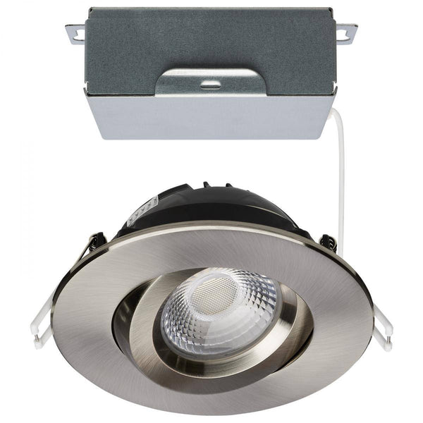 12 Watt LED Direct Wire Downlight; Gimbaled; 4 Inch; CCT Selectable; Round; Remote Driver; Brushed Nickel Finish; 850 Lumens - Green Lighting Wholesale, INC