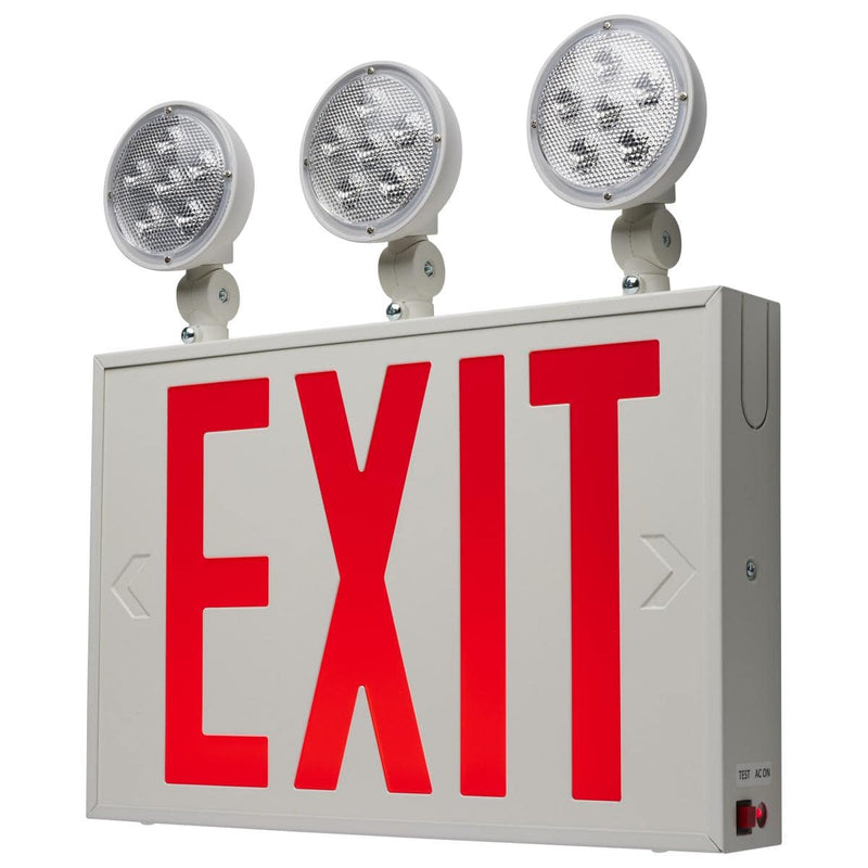 NYC Combination Red Exit Sign/Emergency Light, 90min Ni-Cad backup, 120/277V, Tri Head, Single/Dual Face, Universal Mounting - Green Lighting Wholesale