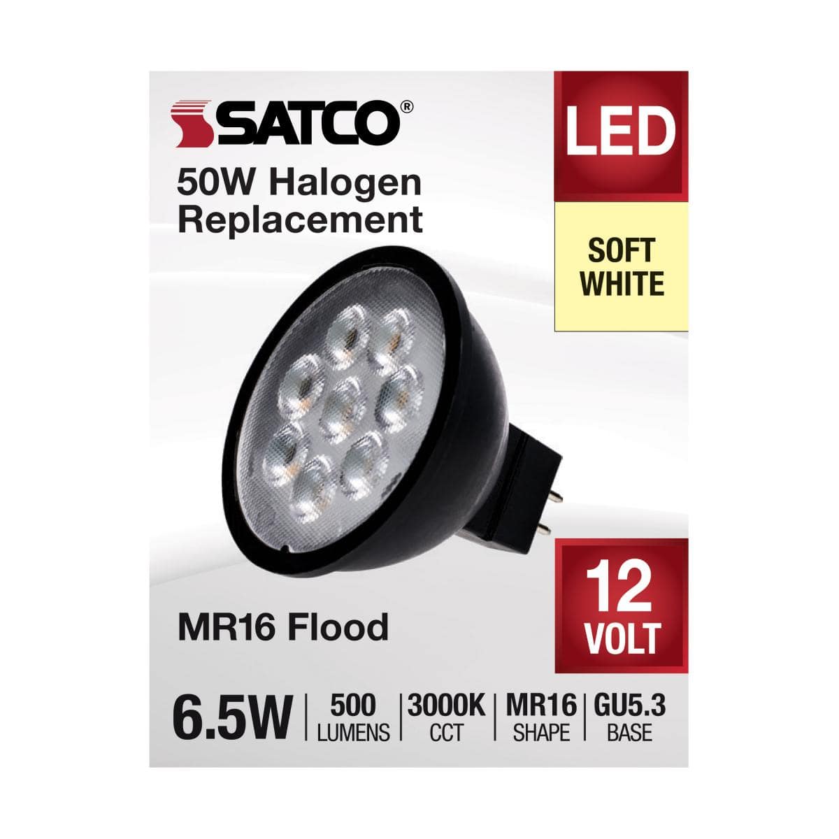6.5 Watt MR16 LED; Black Finish; 3000K; GU5.3 Base; 500 Lumens - Green Lighting Wholesale, INC