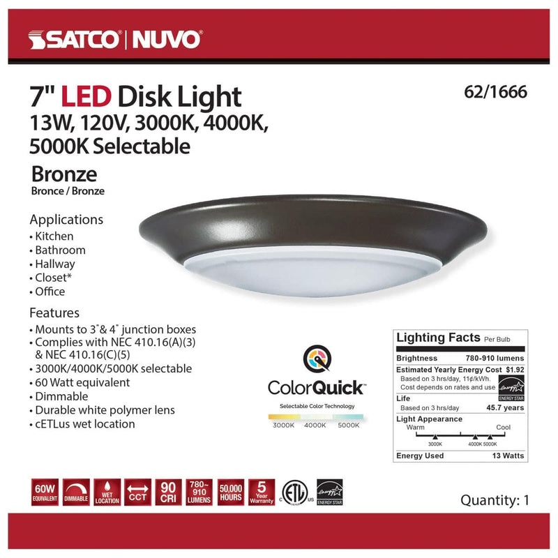 7 inch; LED Disk Light; CCT Selectable 3K/4K/5K; Bronze Finish - Green Lighting Wholesale