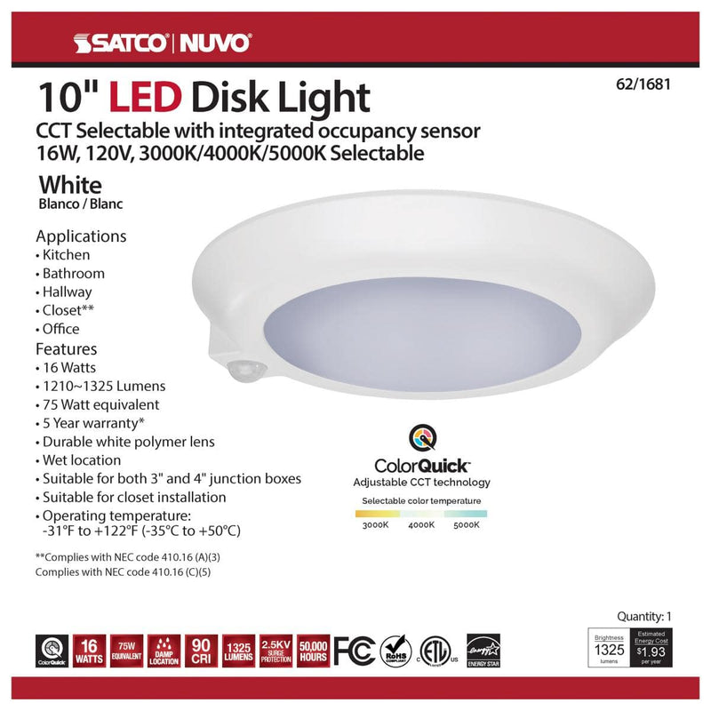 10 in.; LED Disk Light; CCT Selectable 3K/4K/5K; With Occupancy Sensor; White Finish - Green Lighting Wholesale