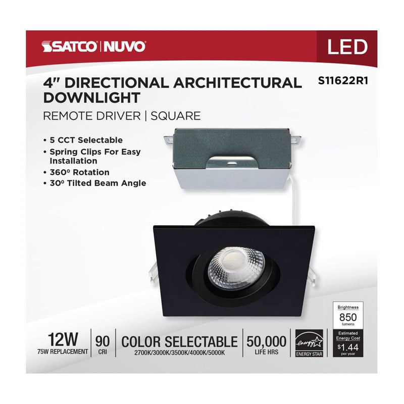12 Watt LED Direct Wire Downlight; Gimbaled; 4 Inch; CCT Selectable; Square - Green Lighting Wholesale, INC