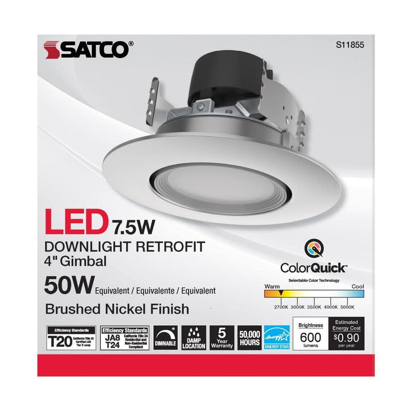 7.5 Watt; LED Retrofit Downlight; Gimbaled; 120 Volt; CCT Selectable; Brushed Nickel Finish - Green Lighting Wholesale