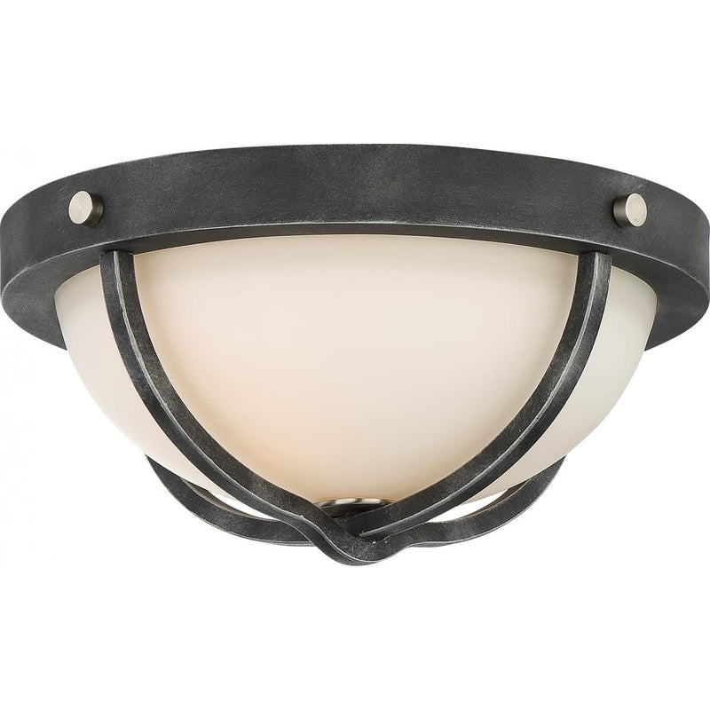 Sherwood - 2 Light 15" Flush Fixture with Satin White Glass - Iron Black Finish with Brushed Nickel Accents - Green Lighting Wholesale