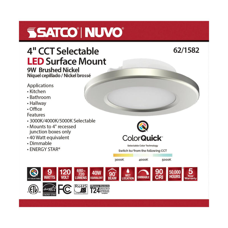 4 inch; LED Surface Mount Fixture; CCT Selectable 3K/4K/5K; Brushed Nickel - Green Lighting Wholesale
