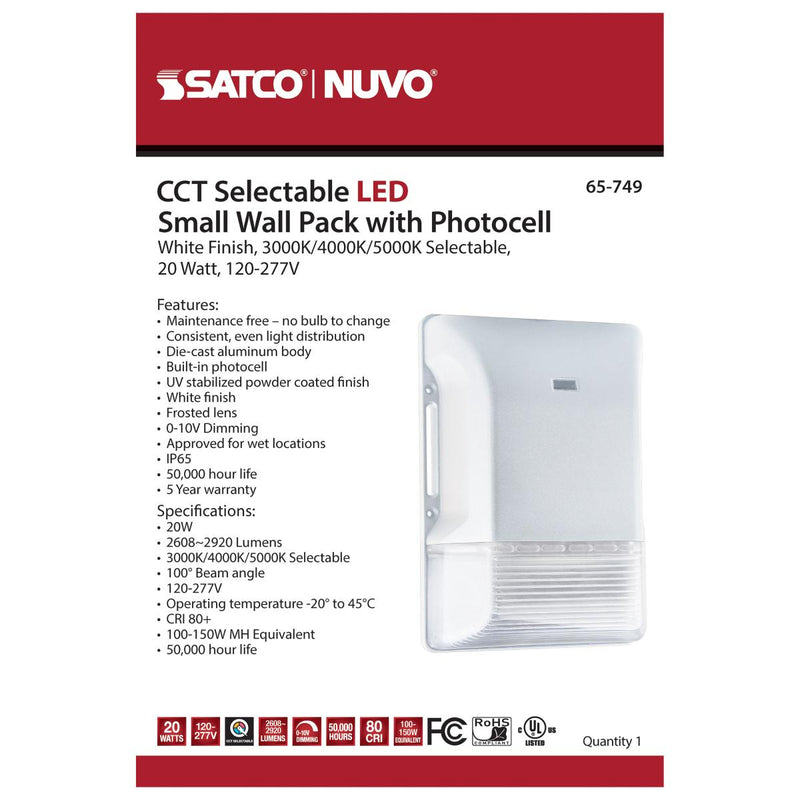 LED Small Wall Pack; 20W; CCT Selectable 3K/4K/5K; White