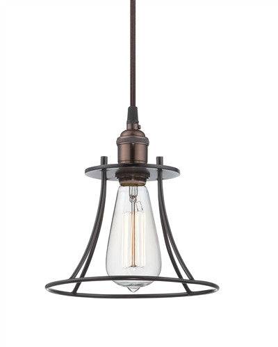 Caged Mini Pendant Light with Vintage Light Bulb in Rustic Bronze Finish - Green Lighting Wholesale