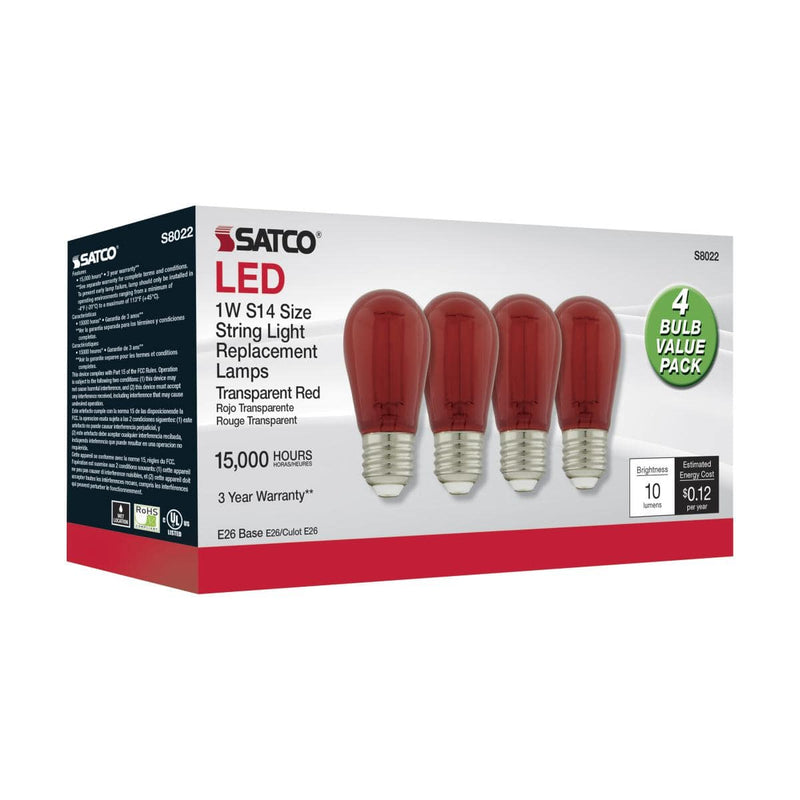 LED Red 1 Watt S14 LED Filament; Glass Bulb; E26 Base; 120 Volt; Non-Dimmable; Pack of 4 - Green Lighting Wholesale