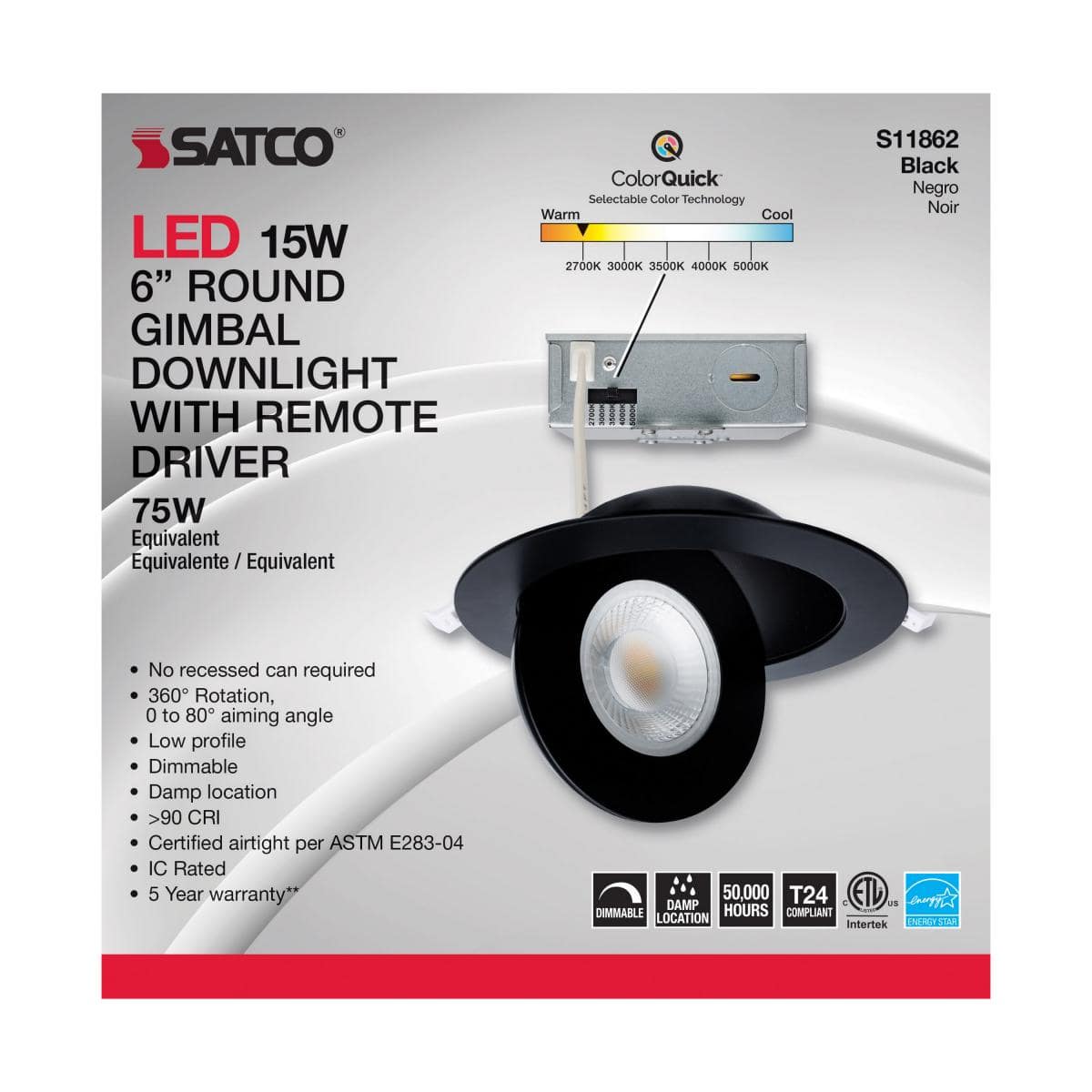 15 Watt; CCT Selectable; LED Direct Wire Downlight; Gimbaled; 6 Inch Round; Remote Driver; Black - Green Lighting Wholesale