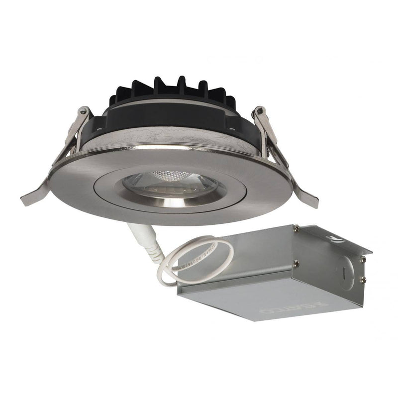 12 watt LED Direct Wire Downlight; Gimbaled; 4 inch; 3000K; 120 volt; Dimmable; Round; Remote Driver; Brushed Nickel - Green Lighting Wholesale